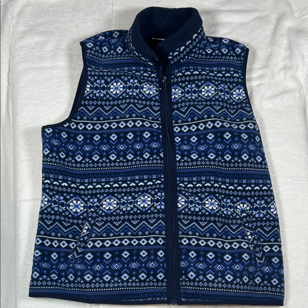 Karen Scott Sport Womens XXL Blue Fair Isle Fleece Full Zip Vest